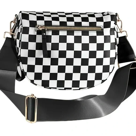 Checkered Black and White Women's Crossbody Bag - Picture 3 of 9